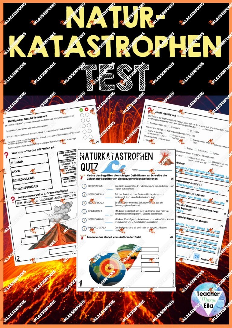 Naturkatastrophen Test – Quiz – Arbeitsblätter | Vulkane, Erdbeben, Tsunami, Stürme, Lawinen, Hochwasser